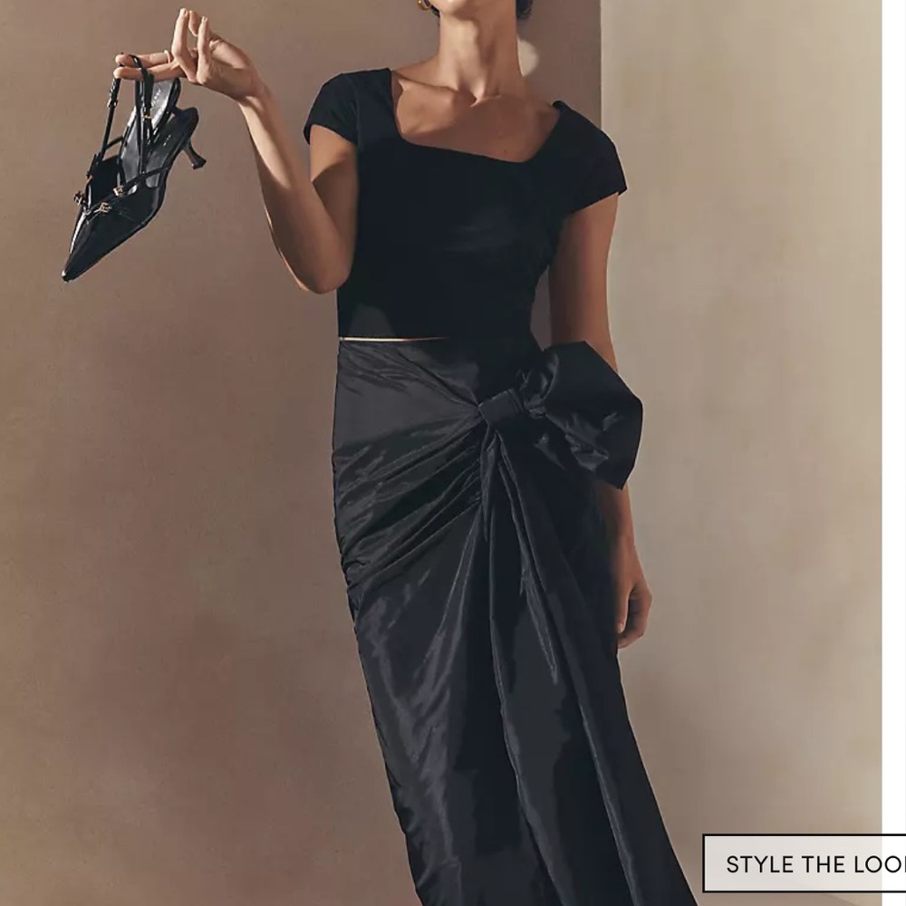 NWOT Ann TaylorBlack Taffeta Draped Bow Midi Skirt 8